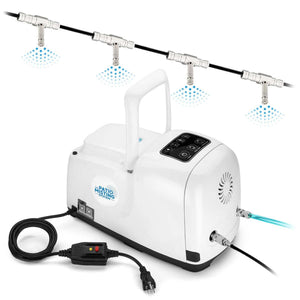 White Patio Misting System Pro by The Patio Misting System, with a handle, control panel, and black tubing with misting nozzles.