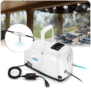 White patio misting system pump by The Patio Misting System, displayed with connected lines, an inset nozzle diagram, and a misty patio.