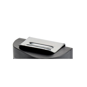Silver metallic replacement clip by Therm-ic, curved and resting on a black textured base, close-up view.