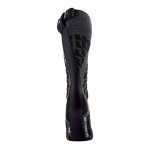 Gray and black Heat Fusion Uni Powersocks by Therm-ic, featuring a knitted geometric pattern, smooth black side panels, and a visible power module on the cuff.