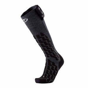Dark gray heated powersock by Therm-ic, with black chevron patterns, a white logo, and metal fasteners at the cuff.