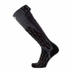Dark gray and black heated Powersock by Therm-ic with a geometric pattern and control buttons on the cuff.