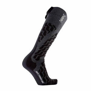 Dark gray and black knee-high sock by Therm-ic, with black abstract patterns and white text on the cuff and foot, side view.