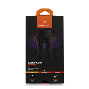 Dark grey men's extra warm 3/4 base layer pant by Therm-ic, with colorful wave-like patterns on legs, presented on black retail packaging.