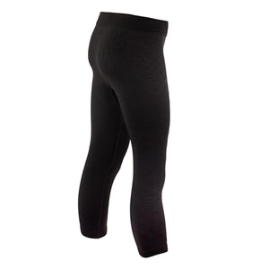 Black men's 3/4 base layer bottom pant by Therm-ic, featuring subtle integrated woven patterns and a ribbed waistband, viewed from the side-back.