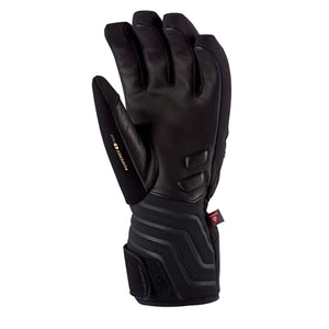 Black ski glove by Therm-ic with a leather palm, textured cuff strap, and "POWERED Heat" text visible.