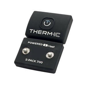 Black S-Pack 700 battery pack by Therm-ic, displaying a power button, "POWERED Heat" text, and two snap connectors.