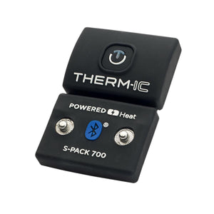 Black S-PACK 700 Bluetooth power pack by Therm-ic, displaying a power button and "POWERED Heat" text.