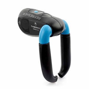 Black and blue U-shaped refresher device by Therm-ic, with a fan grille, "REFRESHER" text, and a blue button.