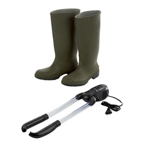 Black and transparent shoe dryer by Therm-ic with a power plug, alongside a pair of olive green rubber boots.