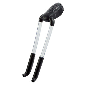 Black shoe dryer by Therm-ic with transparent tubes and curved black vents, angled view.