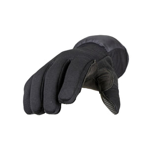 Black textile gloves by Therm-ic, viewed at an angle with a padded cuff and textured palm.