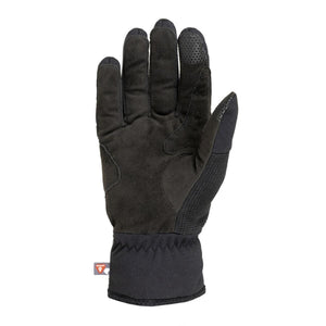 Black touring gloves by Therm-ic, palm side, with textured honeycomb grip on fingertips and thumb, and a small logo tag.