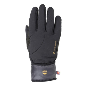 Black touring versatile gloves by Therm-ic with a gold logo on the back and a "Shield Pocket" detail on the cuff.