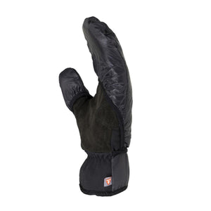Black Touring Versatile Glove by Therm-ic with a puffy exterior, suede-like palm, and logo on the cuff, angled side view.