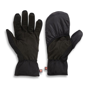 Black touring versatile gloves by Therm-ic, showing a five-finger glove and a convertible mitt with a black shell.