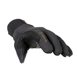 Black touring warm glove by Therm-ic, featuring a textured mesh palm, leather-like fingertips, and a gold Therm-ic logo on the back, angled view.