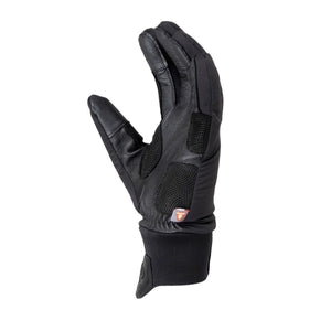 Black warm touring gloves by Therm-ic, made of leather and mesh, shown palm-up with a PrimaLoft tag.