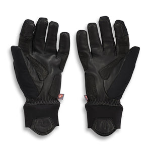 A pair of black touring warm gloves by Therm-ic, featuring leather palms, textured mesh panels, and elasticized cuffs.