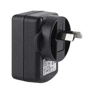Textured black plastic USB Power Adapter by Therm-ic with a UK-style three-pin plug, angled to show side details.