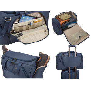 Blue 44L duffel bag by Thule featuring multiple compartments for tech, clothing, and shoes, plus a luggage pass-through.