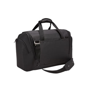 Black textured duffel bag by Thule with top handles and an adjustable padded shoulder strap, angled view.
