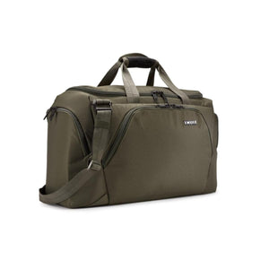 Olive green duffel bag by Thule, featuring top handles, a shoulder strap, and multiple zippered compartments.