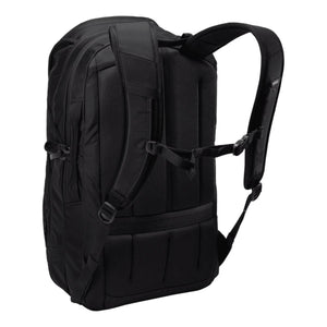 Black 30L laptop backpack by Thule, showing the back and side with padded shoulder straps and mesh back panel.