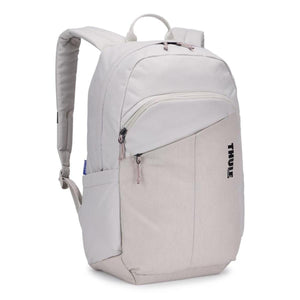 Two-tone light grey backpack by Thule with a textured bottom panel and multiple zippers.