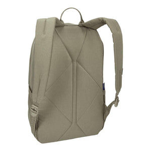 Olive green fabric laptop backpack by Thule, showing its padded back panel, top handle, and shoulder straps from the back.