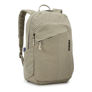 Khaki 23L laptop backpack by Thule with a vertical logo and white rope zipper pulls.