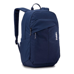 Navy blue laptop backpack by Thule, featuring multiple zippered front pockets and padded shoulder straps.