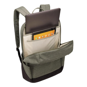 Heathered olive green laptop backpack by Thule, open and showing a laptop and tablet in separate compartments.