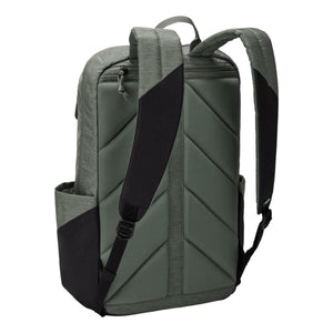 Dark green and black laptop backpack by Thule, back view with padded straps and back panel.