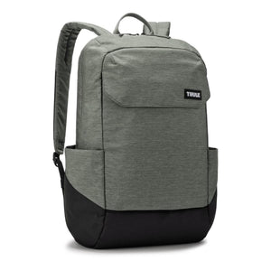 Grey heathered and black laptop backpack by Thule, featuring a front flap, side pockets, and padded straps.
