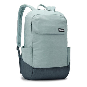 Two-tone laptop backpack by Thule in light teal and dark gray heathered fabric, with padded straps and side pockets.