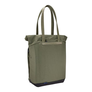 Olive green fabric tote bag by Thule with a roll-top, two top handles, front zip pocket, and black base.