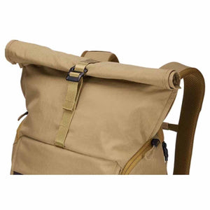 Tan rolltop 24L laptop backpack by Thule, with a black buckle, olive strap, and padded shoulder strap, shown from a close-up side angle.