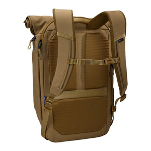 Tan laptop backpack by Thule with a rolltop closure, padded back, and shoulder straps, shown from the back.