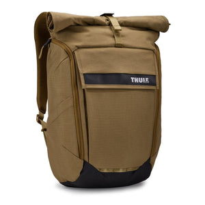Brown 24L laptop backpack by Thule with a rolltop closure, side zipper, and black bottom panel.