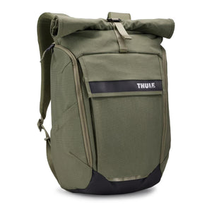 Olive green roll-top laptop backpack by Thule, with a front pocket featuring a black logo band and dark base.