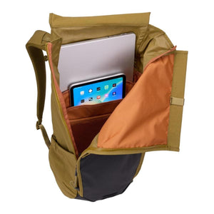 Olive green Commute backpack by Thule, open from top, holding a silver laptop and black tablet with an orange interior.