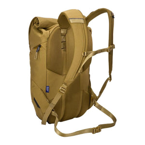 Tan 20L commute backpack by Thule with roll-top, padded mesh back panel, and adjustable straps, shown from the side.