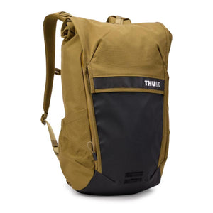 Khaki roll-top backpack by Thule with a black accent panel on the front and padded shoulder straps, shown angled.