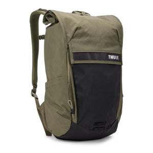 Olive green and black 20L roll-top backpack by Thule with a vertical front zipper pocket and padded shoulder strap.