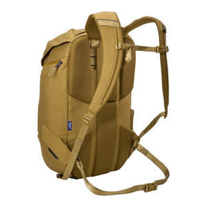 Tan 28L backpack by Thule, shown from the back and side with padded mesh panels, adjustable straps, and a hip belt.