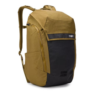 Tan rolltop backpack by Thule featuring a black base, a front accent panel, and padded shoulder straps.