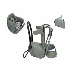 Grey baby backpack carrier by Thule, shown disassembled with its main frame, child seat, and cushion.