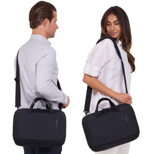 Black 14-inch laptop and tablet attaché by Thule, shown carried by a man and a woman in a lifestyle setting.