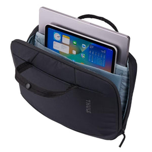 Black 14-inch laptop and tablet attache by Thule, partially open, revealing a silver laptop and a tablet with a colorful screen inside.
